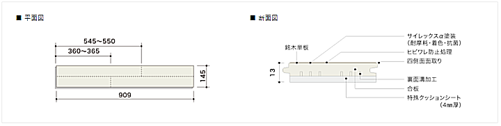 朝日ウッドテック フローリング材（床材） エアリス-α ネダレス HLBF(L-45)の平面図　断面図